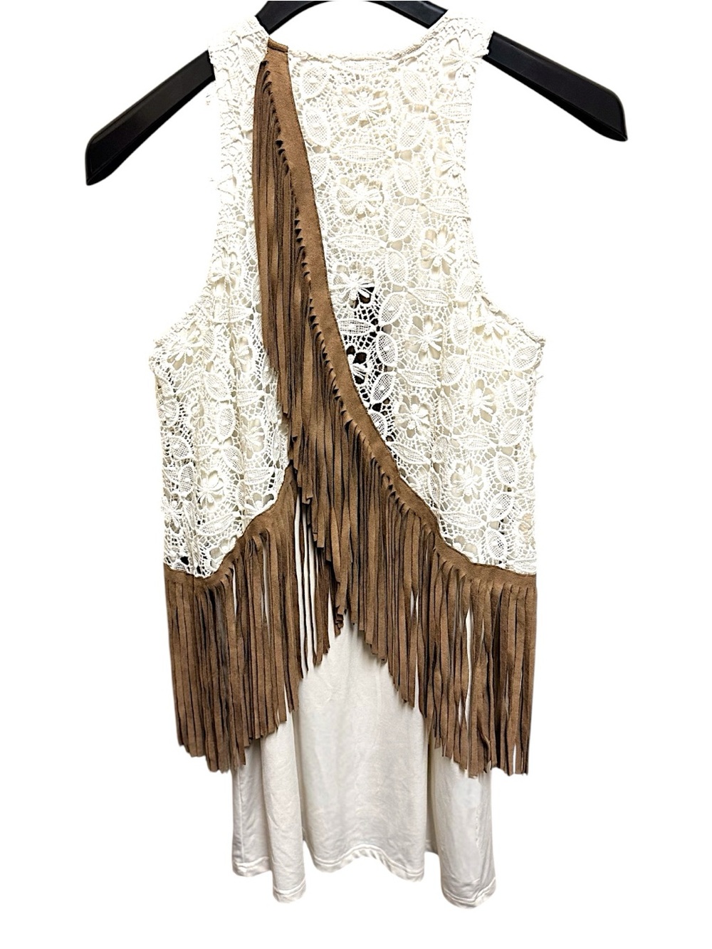 Judith March White Crochet Lace Faux Suede Fringe Sleeveless Mini Dress Sz M